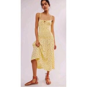 Free People Yellow Strawberry Midi Dress Size S Smocked Sundress Cottagecore